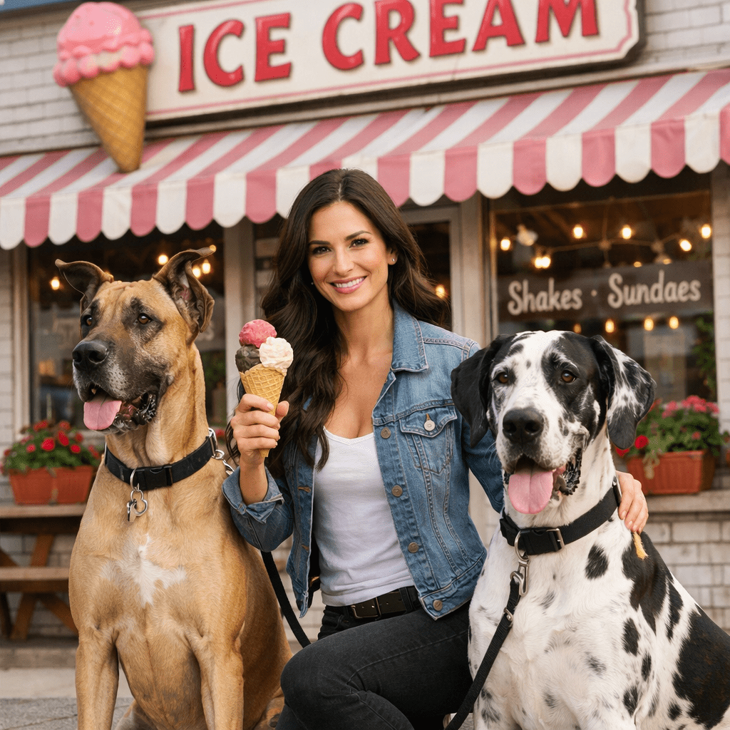 Woman holding ice cream cone with two large dogs sitting beside her outside ice cream shop