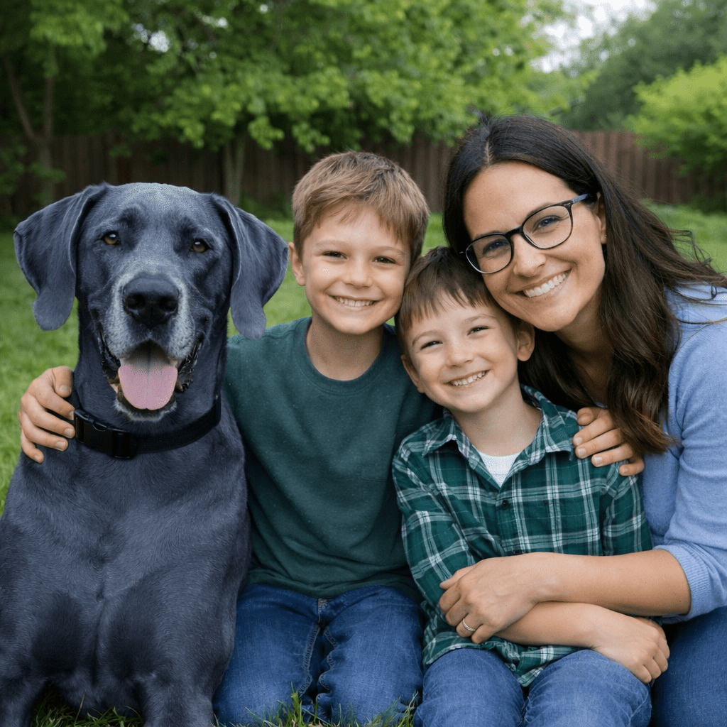 Family of four with two large Great Dane dogs sitting on grass outdoors