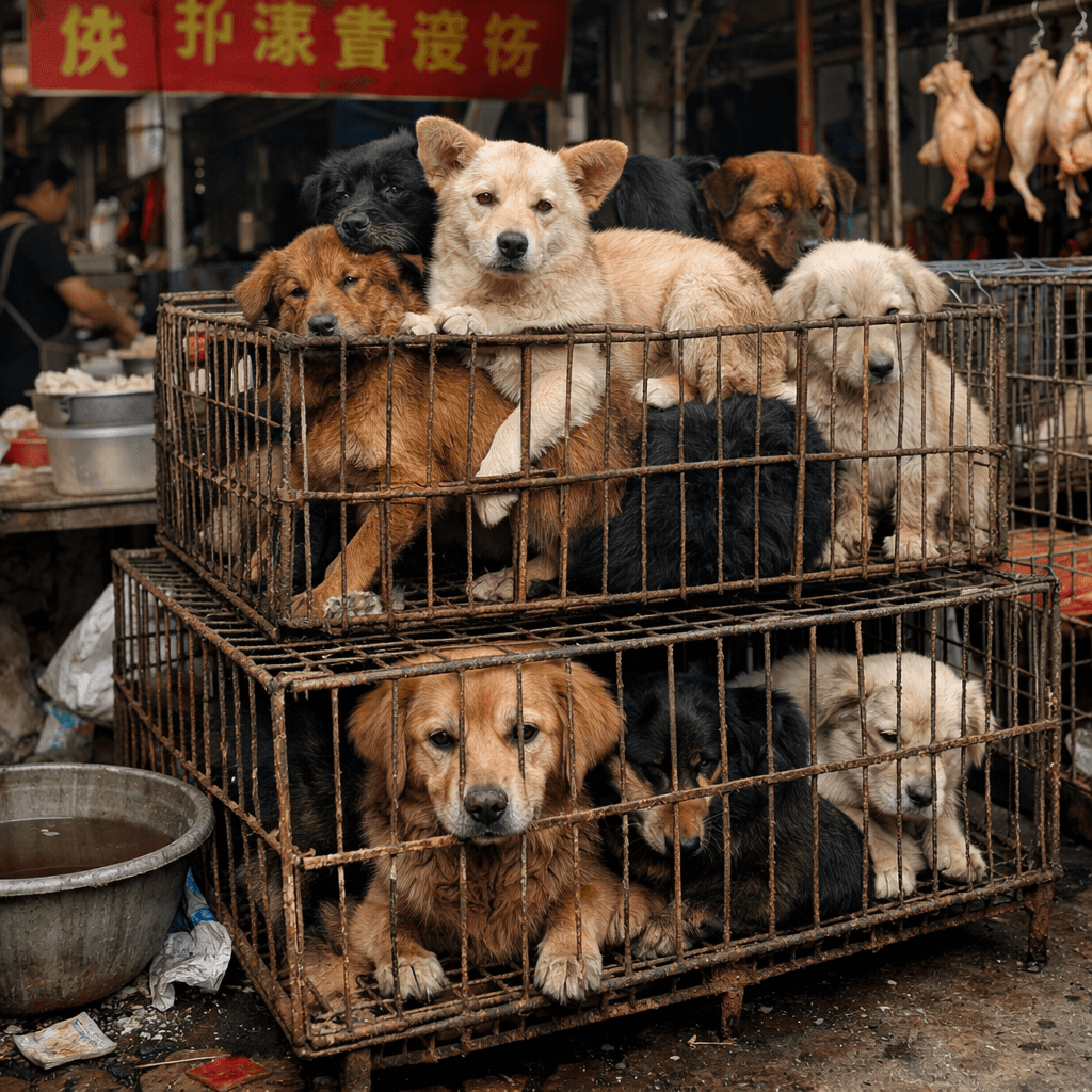 Multiple dogs cramped together in two stacked rusty metal cages inside a market.