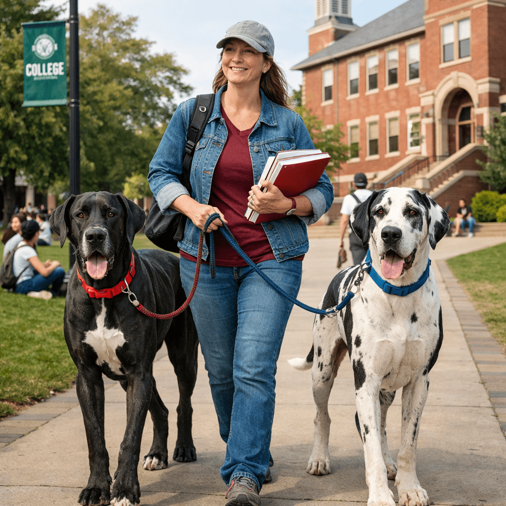 Woman returning to college with Great Danes