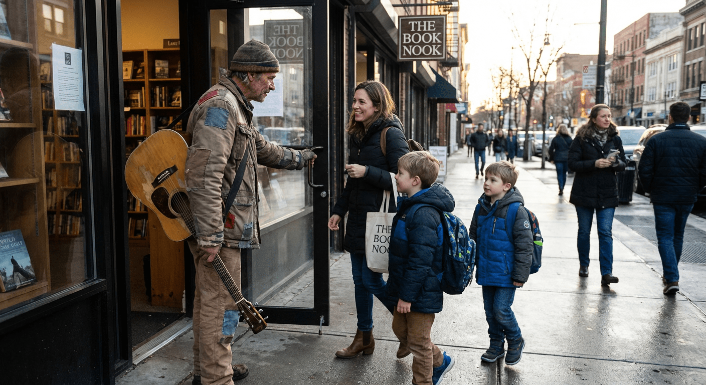 Street musician holding guitar opens bookstore door to woman and two boys
