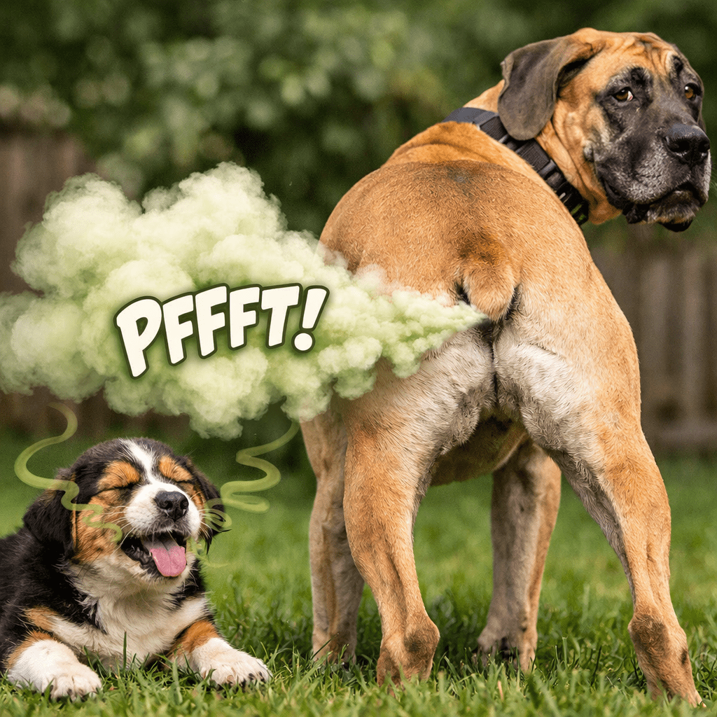 Large dog farting near a laughing puppy with green gas cloud and 'PFFFT!' text